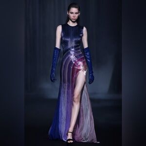 GEORGES HOBEIKA Multicolor Beaded Tulle Sleeveless Train Gown Maxi Dress